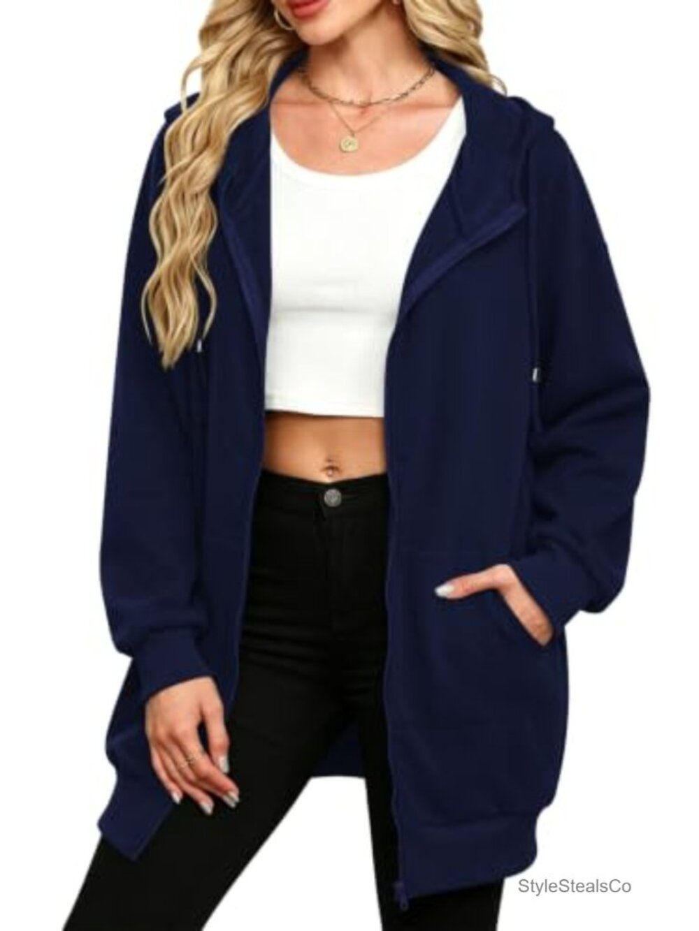 Zip Up Fleece Hoodie Tunic Sweatshirt Long Hooded Jacket Oversized